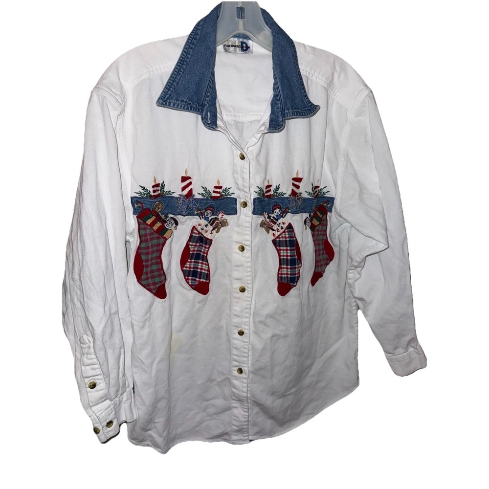Paul Harris Design Women's Christmas Stocking Embroidered Long Sleeve Shirt Sz L